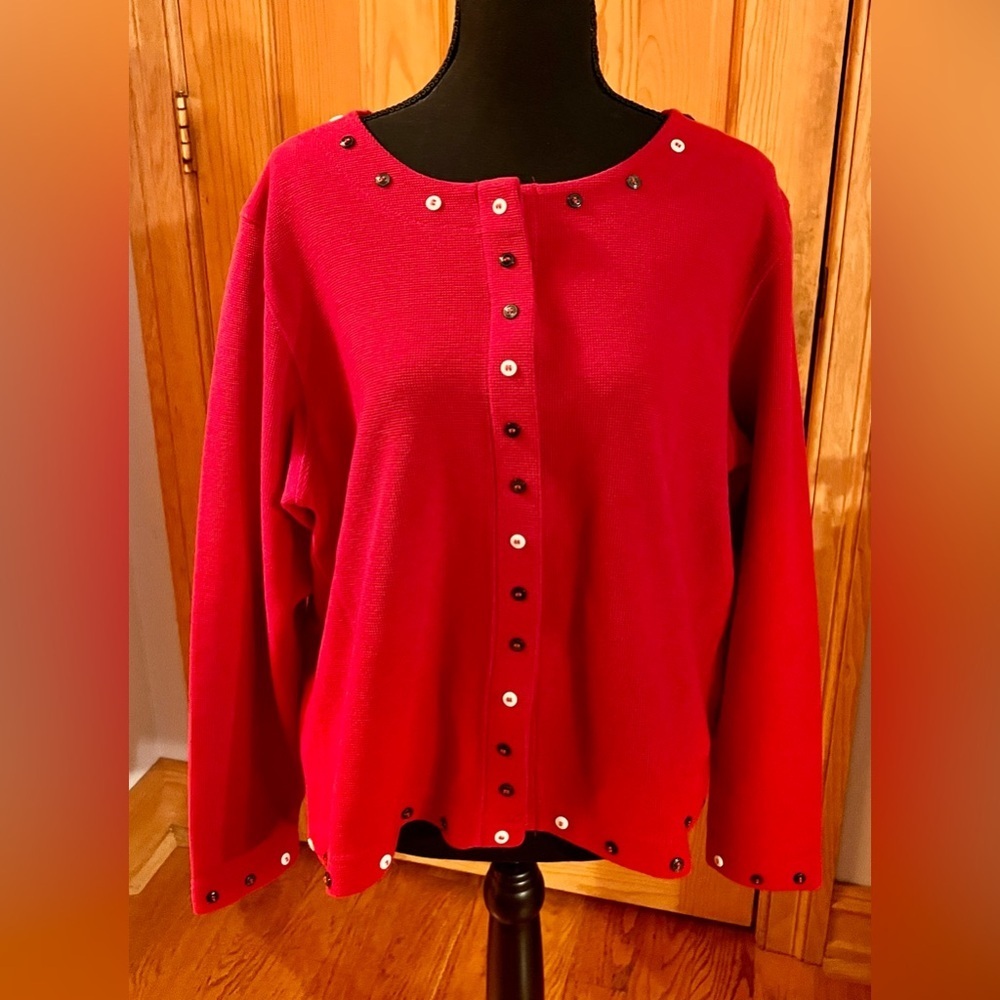 VTG Christopher & Banks Red Snap Cardigan Sweater L 90s Y2K Cotton Knit Jacket